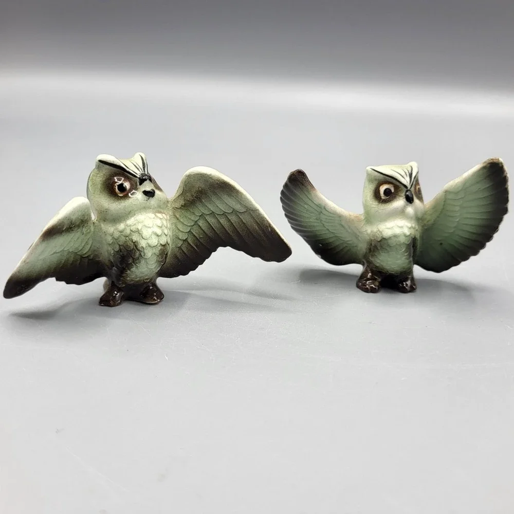 Vintage Ceramic Owl Figurines Pair With Open Wings Home Shelf Decor